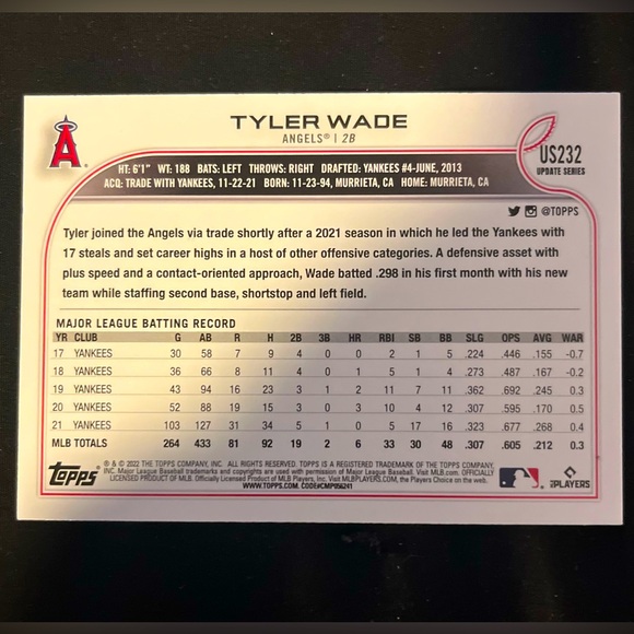 Tyler Wade 2022 Topps Los Angeles Angels MLB Baseball Card #US232 UPDATE SERIES - Picture 2 of 4